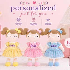 Custom Embroidered Name Baby Doll Floral Dress Design Soft Cloth Girl Toy Light Brown Hair First Doll Milestone Gift Perfect Nursery Keepsake Baby Shower Present Toddler Birthday Celebration Ultra Soft Cuddle Companion Signature Smile