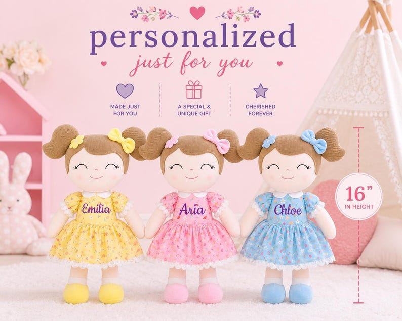 Custom Embroidered Name Baby Doll Floral Dress Design Soft Cloth Girl Toy Light Brown Hair First Doll Milestone Gift Perfect Nursery Keepsake Baby Shower Present Toddler Birthday Celebration Ultra Soft Cuddle Companion Signature Smile