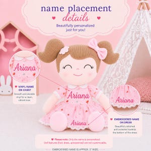 May include: A plush doll with brown hair in pigtails, a pink bow, and a pink floral dress. The text 'Ariana' is displayed on the chest and the bottom of the dress. The image includes text detailing name placement options and a 3-inch wide embroidery note.