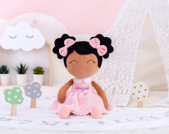 Personalized African American Doll Baby Girl Gift First Doll 16 Inch Stuffed Toy Nursery Keepsake Cloth Companion Toddler Safe Fabric