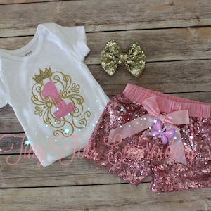 Personalized Princess Birthday Outfit: Sequin Shorts, Embroidered Top & Bow