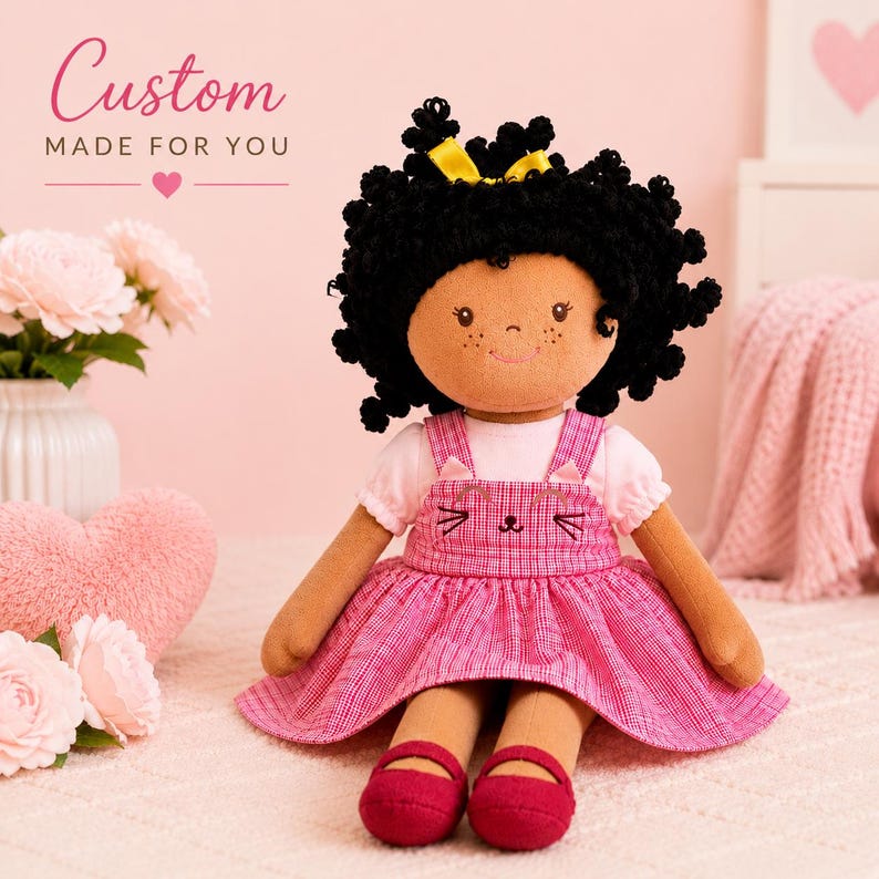 Personalized Cloth Doll Custom Name Embroidered African American Representation 16 Inch Handmade Fabric Ragdoll Curly Hair Design Gold Bow Accent Jumper Dress Cat Face Pattern Matching Shoes Soft Toddler Birthday Gift Ages 2-10 Girls Present