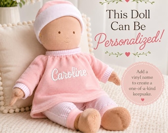 Personalized Baby Doll First Gift Newborn Girl Soft Toy Organic Cotton Embroidered Face Plush Infant Cuddly Keepsake Nursery Present Custom