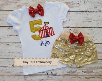 Circus Outfit ~ Carnival Birthday Outfit - Carnival Top, Sequin Shorts and Hair Bow ~ Customize in any colors!