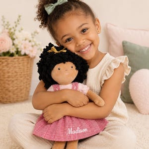 Birthday Gift Toddler Personalized Cloth Doll African American Representation Custom Name Embroidered Handmade Fabric Ragdoll 16 Inch Curly Hair Design Gold Bow Detail Jumper Dress Cat Face Pattern Matching Shoes Soft Safe Materials Ages 2-10