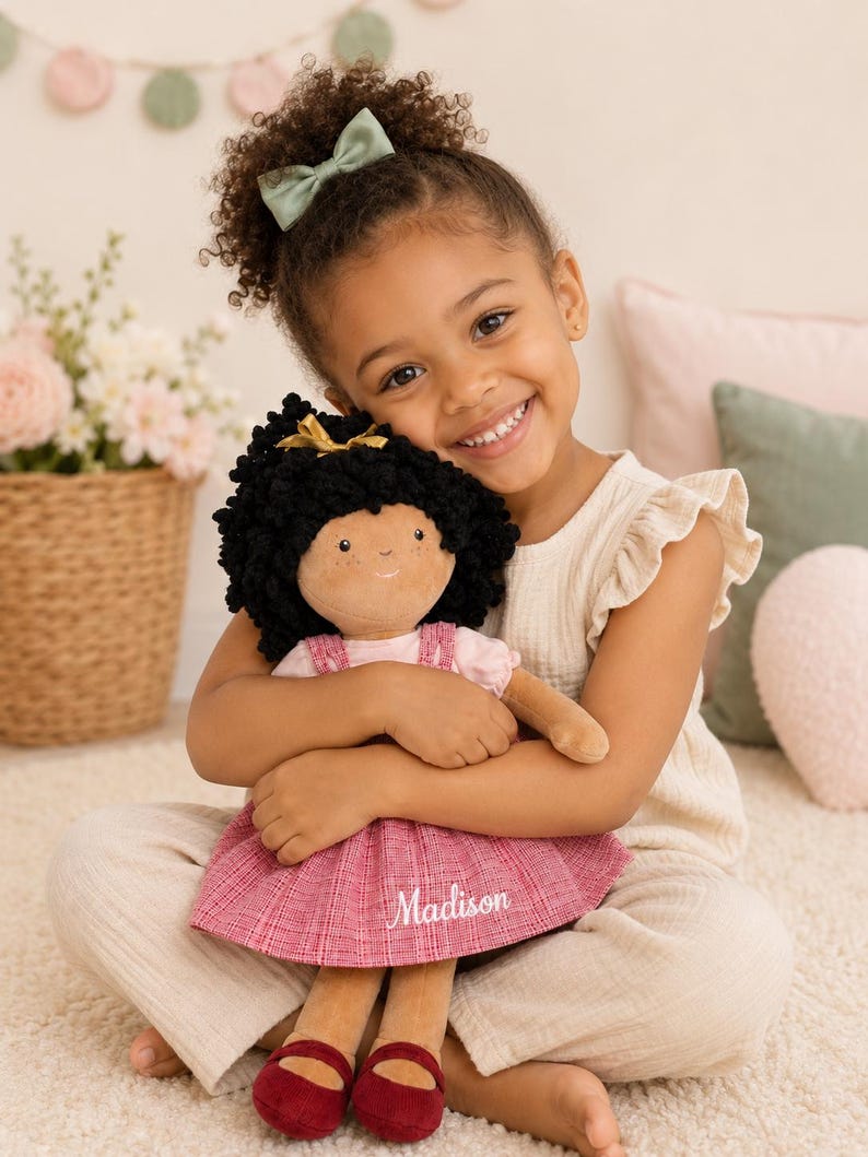 Birthday Gift Toddler Personalized Cloth Doll African American Representation Custom Name Embroidered Handmade Fabric Ragdoll 16 Inch Curly Hair Design Gold Bow Detail Jumper Dress Cat Face Pattern Matching Shoes Soft Safe Materials Ages 2-10