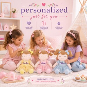 Soft Cloth Baby Doll Personalized Name Embroidered Floral Garden Dress Light Brown Hair Ultra Soft Cuddle Toy Perfect First Doll Nursery Companion Baby Shower Present Toddler Birthday Gift Girls Keepsake Collection Signature Smile Design