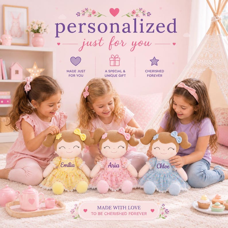 Soft Cloth Baby Doll Personalized Name Embroidered Floral Garden Dress Light Brown Hair Ultra Soft Cuddle Toy Perfect First Doll Nursery Companion Baby Shower Present Toddler Birthday Gift Girls Keepsake Collection Signature Smile Design