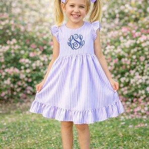 Personalized Seersucker Dress Monogrammed Baby Girl Easter Outfit Pink Aqua Embroidered Toddler Clothing Spring Celebration Church Attire image 6