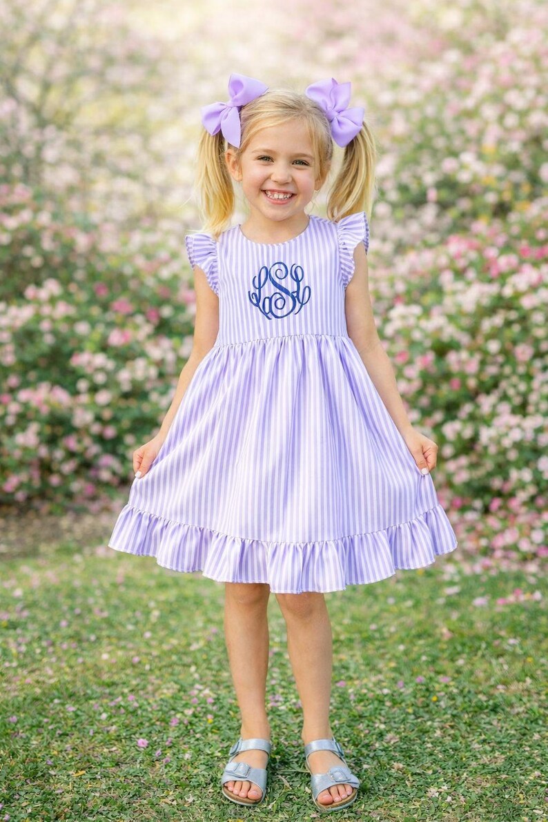 Personalized Seersucker Dress Monogrammed Baby Girl Easter Outfit Pink Aqua Embroidered Toddler Clothing Spring Celebration Church Attire image 6