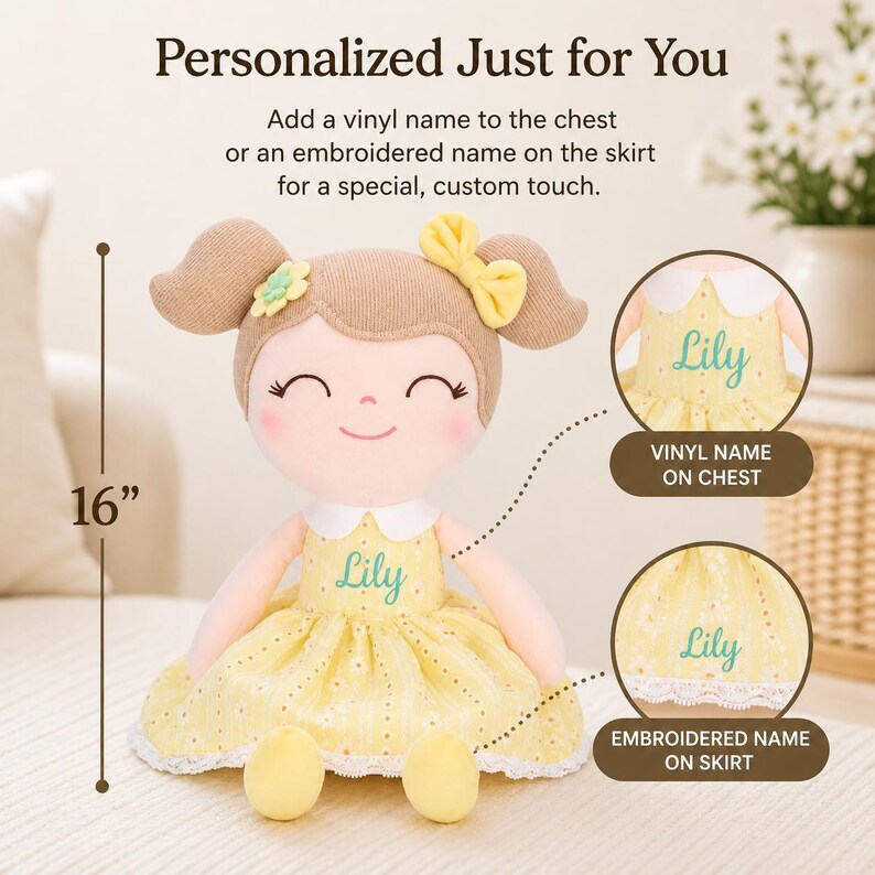 Handmade Fabric Doll Personalized Baby Girl Gift Custom Embroidered Name Rag Doll Soft Cloth First Baby Nursery Companion Baby Shower Keepsake Present Infant Plush Toy Newborn Safe CPSC Approved Materials Premium Washable Quality Unique