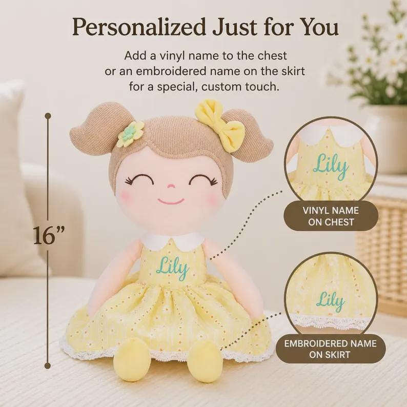Custom Name Baby Doll Personalized Gift Girl Perfect Nursery Keepsake Soft Plush Stuffed Animal Toddler Cuddle Buddy Baby Shower Present First Birthday Gift 16 Inch Premium Quality Newborn Infant Comfort Toy Beautiful Vinyl Name Application