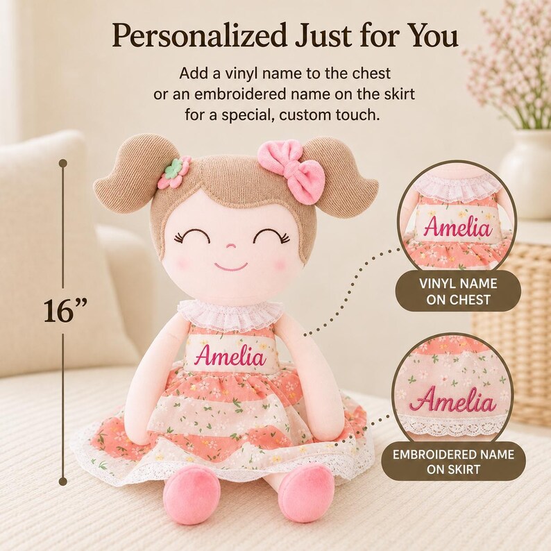 Personalized Baby Doll Custom Baby Shower Gift First Baby Girl Nursery Soft Cloth Doll Embroidered Name Handmade Fabric Rag Infant Keepsake image 9