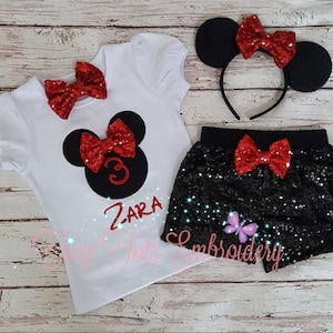 Mouse Birthday Outfit ~ Mouse Sequin Shorts Outfit ~ Personalized Top, Embroidered Shirt, Sequin Shorts, Hair Bow and Mouse Ears