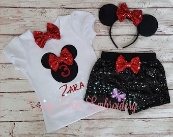 Mouse Birthday Outfit ~ Mouse Sequin Shorts Outfit ~ Personalized Top, Embroidered Shirt, Sequin Shorts, Hair Bow and Mouse Ears