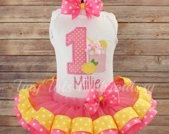 Pink Lemonade Birthday Tutu Outfit ~ Includes Top, Ribbon Trim Tutu & Hair Bow ~ Customize in Any Colors!