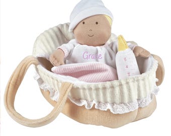 Personalized Baby Doll with Carry Cot, Blanket & Bottle - Newborn Gift