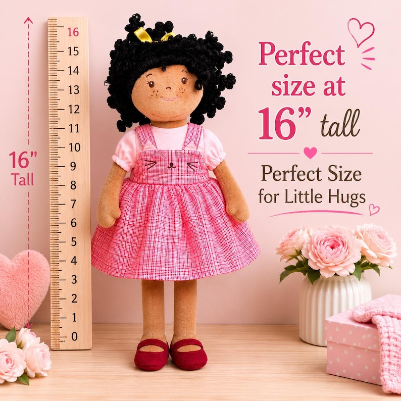 Birthday Gift Personalized Cloth Doll African American Representation Custom Name Embroidered Handmade Fabric Ragdoll 16 Inch Safe Materials Curly Hair Design Gold Bow Accent Jumper Dress Cat Face Pattern Matching Shoes Girls Ages 2-10