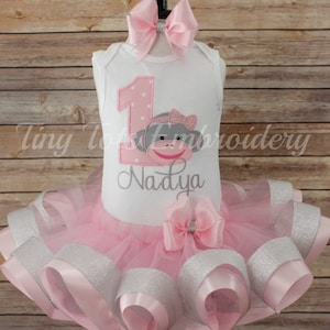 Girl Sock Monkey Birthday Ribbon Tutu Outfit Pink and Silver Includes Top, Tutu and Hair Bow Can be made in any color image 1