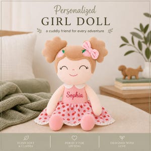 Personalized Strawberry Doll Custom Baby First Lovey Dolls Embroidered Name Monogrammed Soft Toy Infant Rag Handmade Cloth Nursery Gift