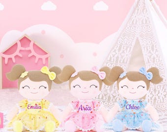 Personalized Plush Baby Doll: Floral Dress Light Brown Hair