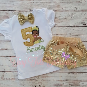 Tiana Birthday Outfit ~ Top, Sequin Shorts and Hair Bow ~ Customize in any colors!