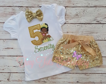 Tiana Birthday Outfit Top Sequin Shorts and Hair Bow - Etsy