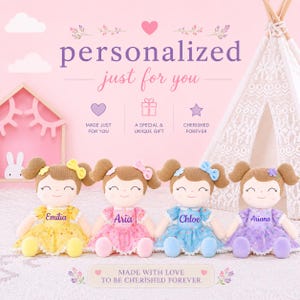 Personalized Baby Doll Floral Dress Soft Cloth Girl Toy Custom Embroidered Name Perfect First Doll Baby Shower Gift Nursery Keepsake Light Brown Hair Signature Smile Design Ultra Soft Cuddle Companion Toddler Birthday Present Girls