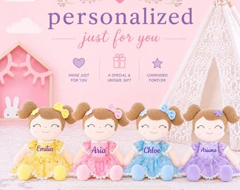 Personalisierte Baby Doll Floral Kleid weiches Tuch Mädchen Spielzeug erstes Baby Geschenk Kinderzimmer Andenken gestickt Name Dusche Kleinkind Geburtstagsgeschenk