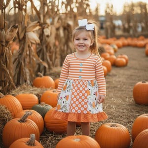 Vestido de manga larga para niñas de otoño ~ Vestido a rayas con estampado de calabazas