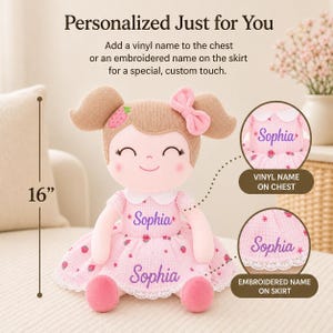 Soft Cloth Baby Doll Personalized Custom Name Embroidered Handmade Rag Doll First Baby Girl Nursery Gift Baby Shower Present Perfect Infant Keepsake Companion Newborn Plush Toy Safe CPSC Approved Materials Premium Washable Quality Unique