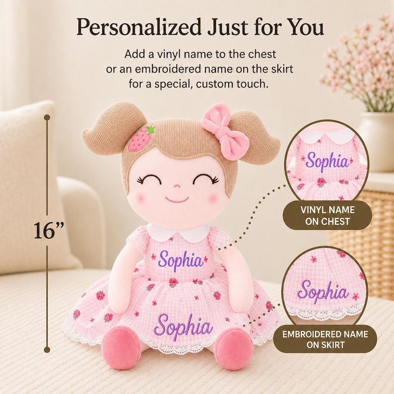 Soft Cloth Baby Doll Personalized Custom Name Embroidered Handmade Rag Doll First Baby Girl Nursery Gift Baby Shower Present Perfect Infant Keepsake Companion Newborn Plush Toy Safe CPSC Approved Materials Premium Washable Quality Unique