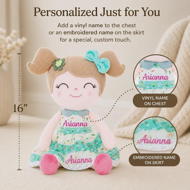Soft Plush Stuffed Animal Personalized Baby Doll Custom Name Toddler Cuddle Buddy Perfect Newborn Gift Girl First Birthday Present Baby Shower Keepsake 16 Inch Premium Fabric Quality Nursery Collection Infant Comfort Toy Beautiful
