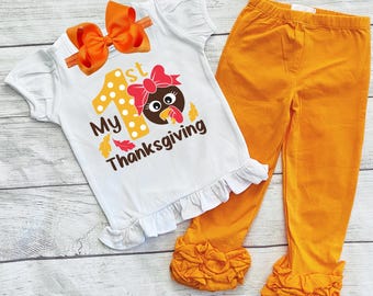 Custom Thanksgiving Baby Outfit – Orange Ruffled Leggings and Top Set with Personalized Name