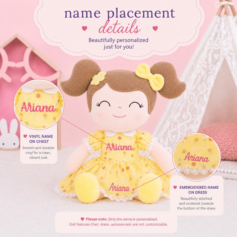 Floral Dress Baby Doll Personalized Embroidered Name Soft Cloth Cuddle Toy Light Brown Hair Girl First Doll Toddler Play Companion Perfect Baby Shower Gift Nursery Keepsake Birthday Present Ultra Soft Construction Signature Smile Design