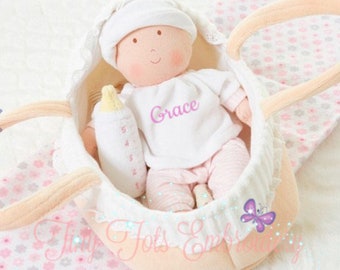 Personalized First Doll with Carry Cot, Bottle and Blanket, Custom Plush Doll, Baby Gift, Newborn Gift, Baby Doll, Custom Doll, Baptism Gift