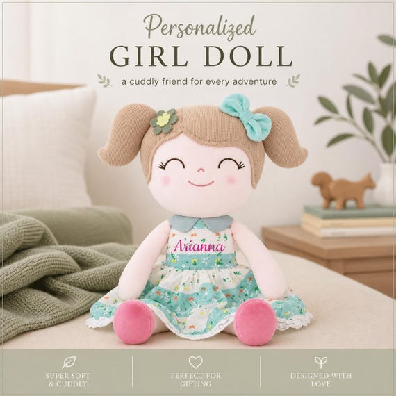 Personalized Baby Doll Custom Baby Shower Gift First Baby Girl Nursery Soft Cloth Doll Embroidered Name Handmade Fabric Rag Infant Keepsake