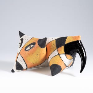 Ceramic Sculpture Orange Fox  - Hand Made Colorful Figurine - Ceramic Art