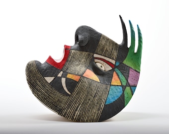 object ceramic - art object -half moon - face - sculpture clay - ceramic sculpture - head - face ceramic - head sculpture