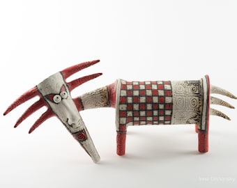 Handmade Ceramic Fantasy Creature Sculpture, Red and White Figurine