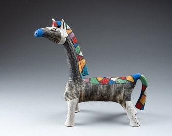 horse ceramic sculpture geometric colorful ornament ,  horse figurine clay