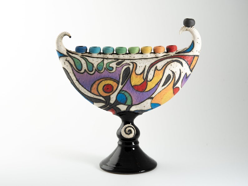 Ceramic colorful menorah Hanukkah sculpture flowers menorah original decorative menorah Jewish holiday image 1