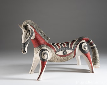 Ceramic red horse sculpture , ceramic art , animals sculpture Israeli art by Inna Olshansky.