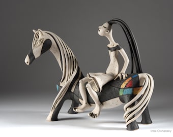 Ceramic horse with the girl sculpture , black and white sculpture, ceramic art by Inna Olshansky , Israeli art