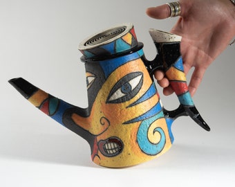 Ceramic decorative colorful teapot faces, handmade original teapot, teapot faces design by Inna Olshansky