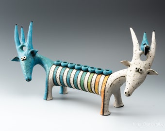 Menorah for Hanukkah ceramic sculpture goat - menorah clay figurine handmade
