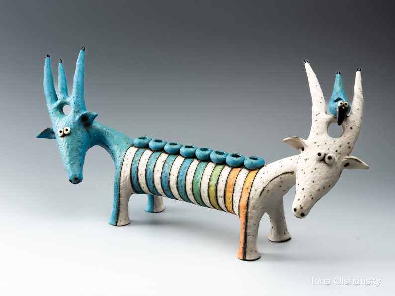 Menorah for Hanukkah ceramic sculpture goat menorah clay figurine handmade image 1