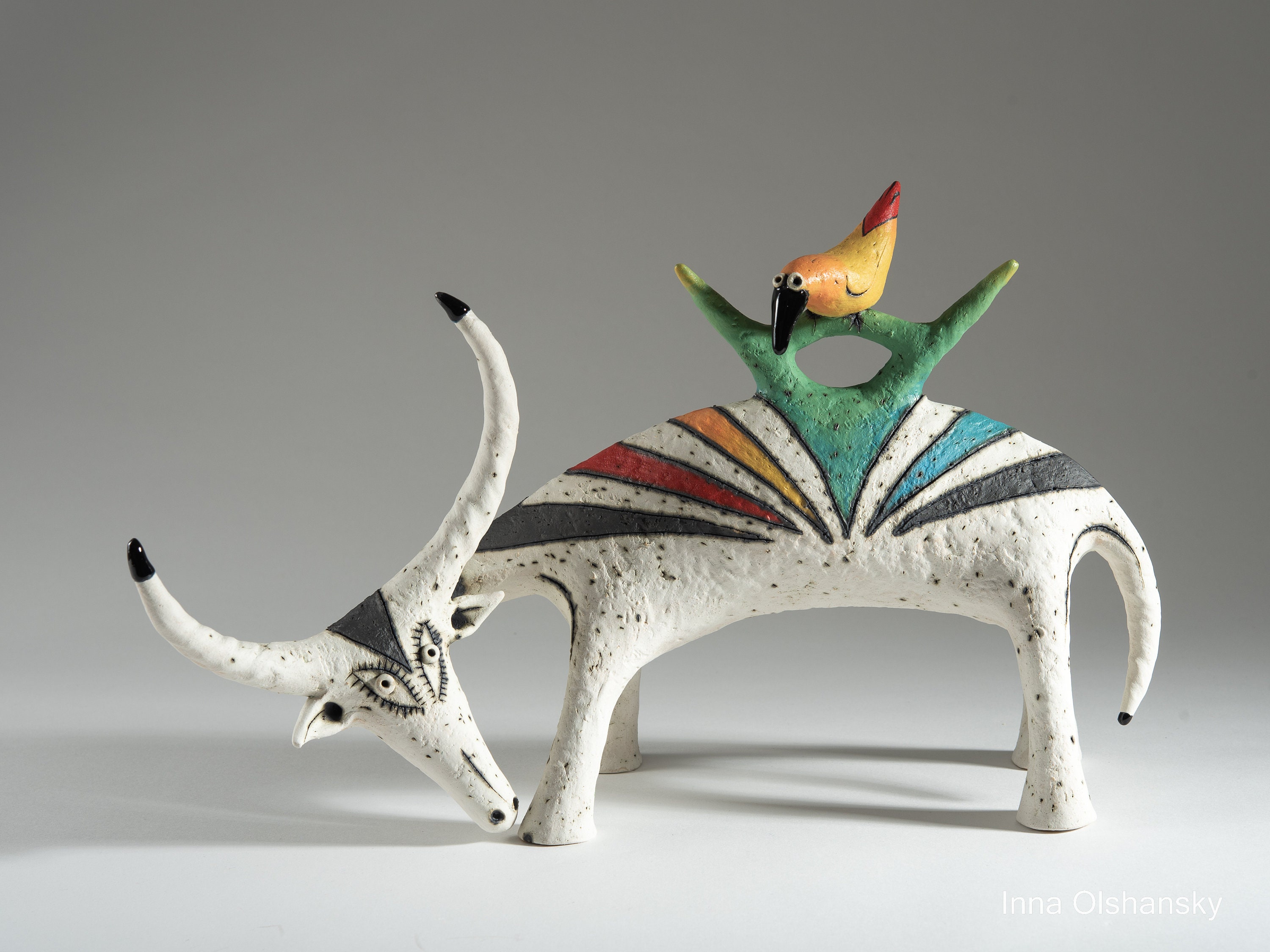 Ceramic white bull and orange bird handmade figurine - animals ceramic original sculpture - animals and birds clay