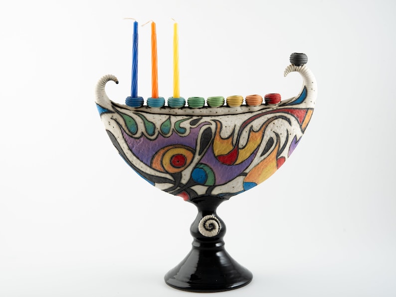 Ceramic colorful menorah Hanukkah sculpture flowers menorah original decorative menorah Jewish holiday image 2