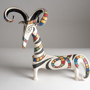 Ceramic white colorful ram with big horns sculpture, animals ceramic sculpture,